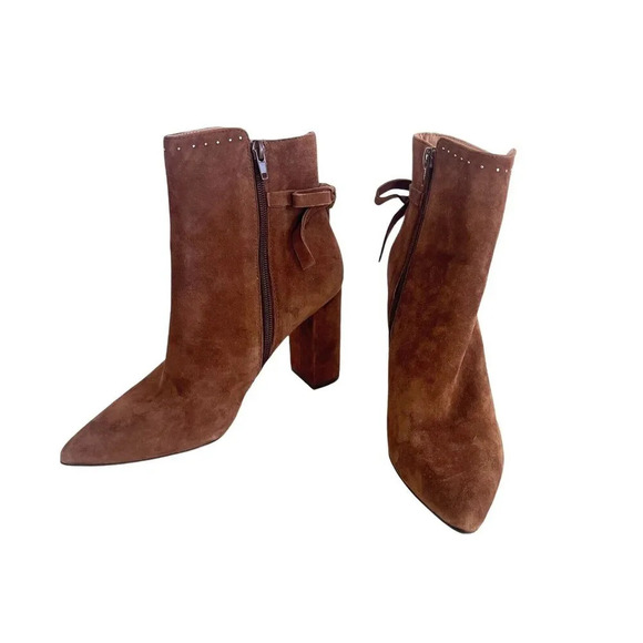 Chelsea & Violet Brown Miley Suede Studded Back-Tie Block Heel Booties Size 8 - Picture 4 of 9